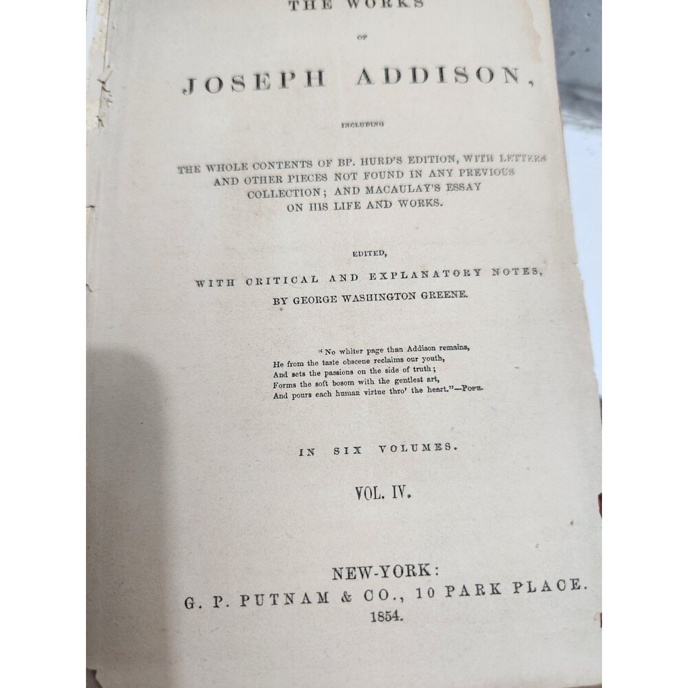 1854 The Works of Joseph Addison Vol IV GP Putnam Antique Leather Binding Book